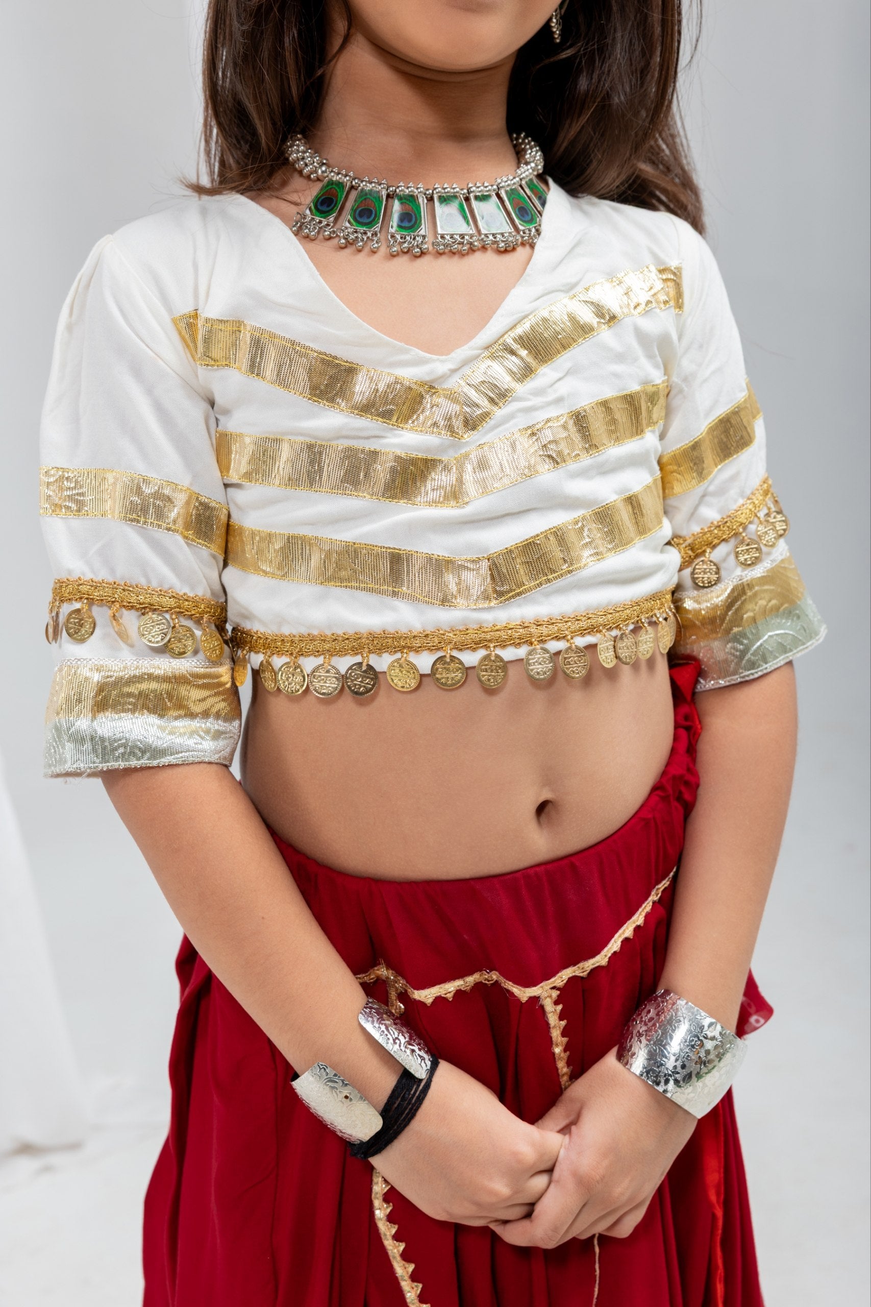 Advika Rayon Lace Work Red Lehenga with White Choli for Kids