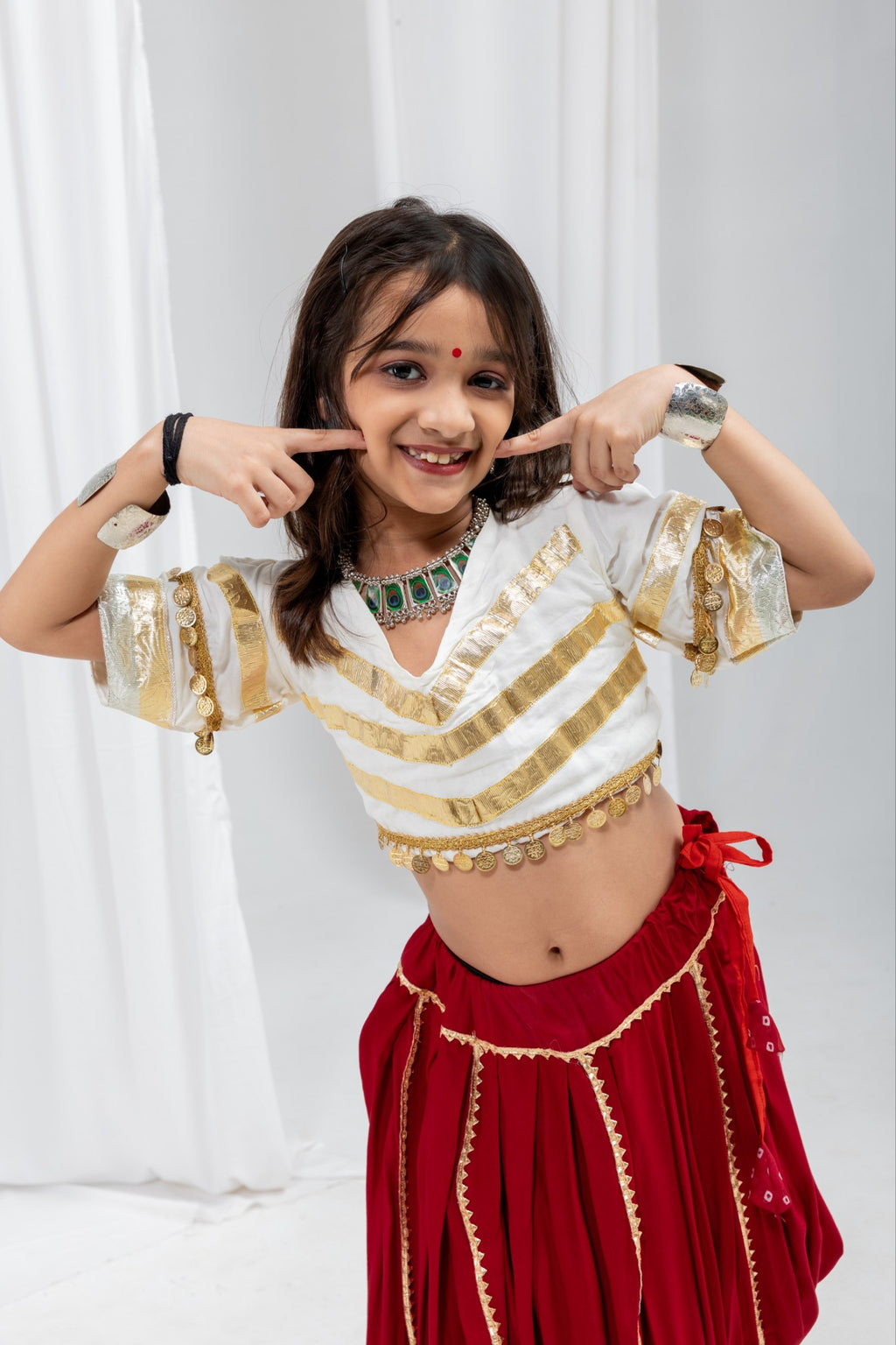 Advika Rayon Lace Work Red Lehenga with White Choli for Kids