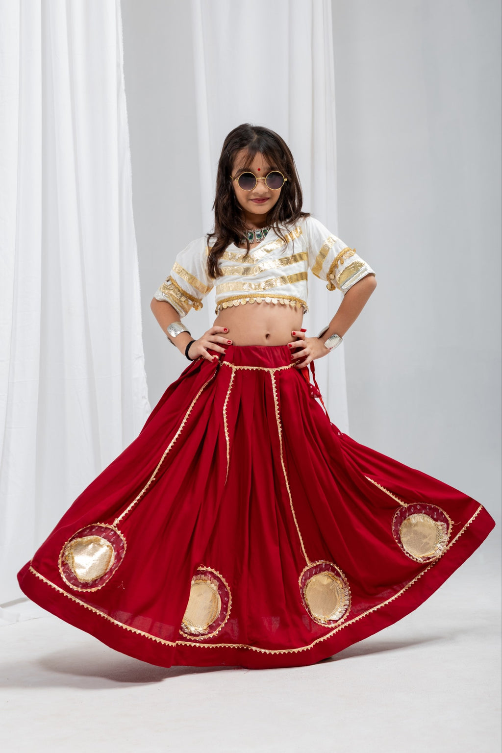 Advika Rayon Lace Work Red Lehenga with White Choli for Kids