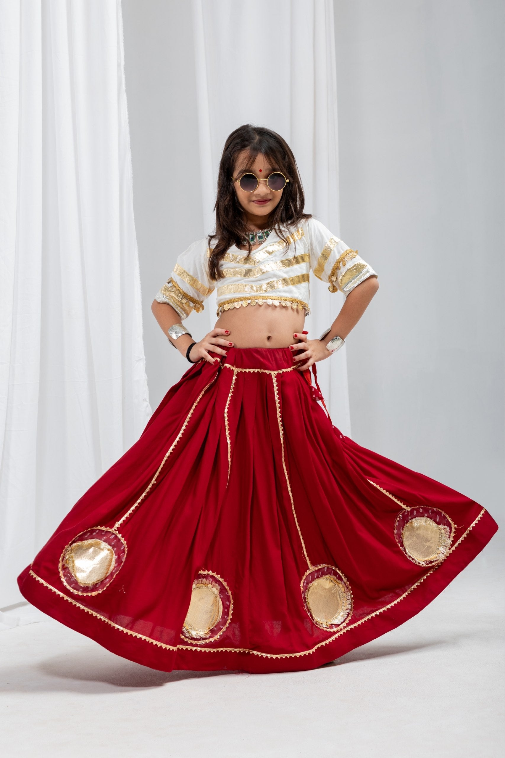 Advika Rayon Lace Work Red Lehenga with White Choli for Kids