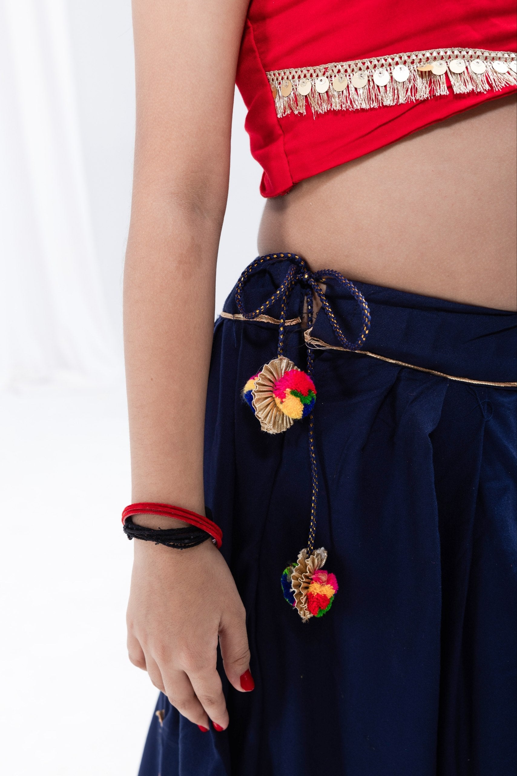 Ridhima Girls Navy Blue & Red Rayon Cotton Lehenga Choli with Gota Patti & Sequins Lace Work