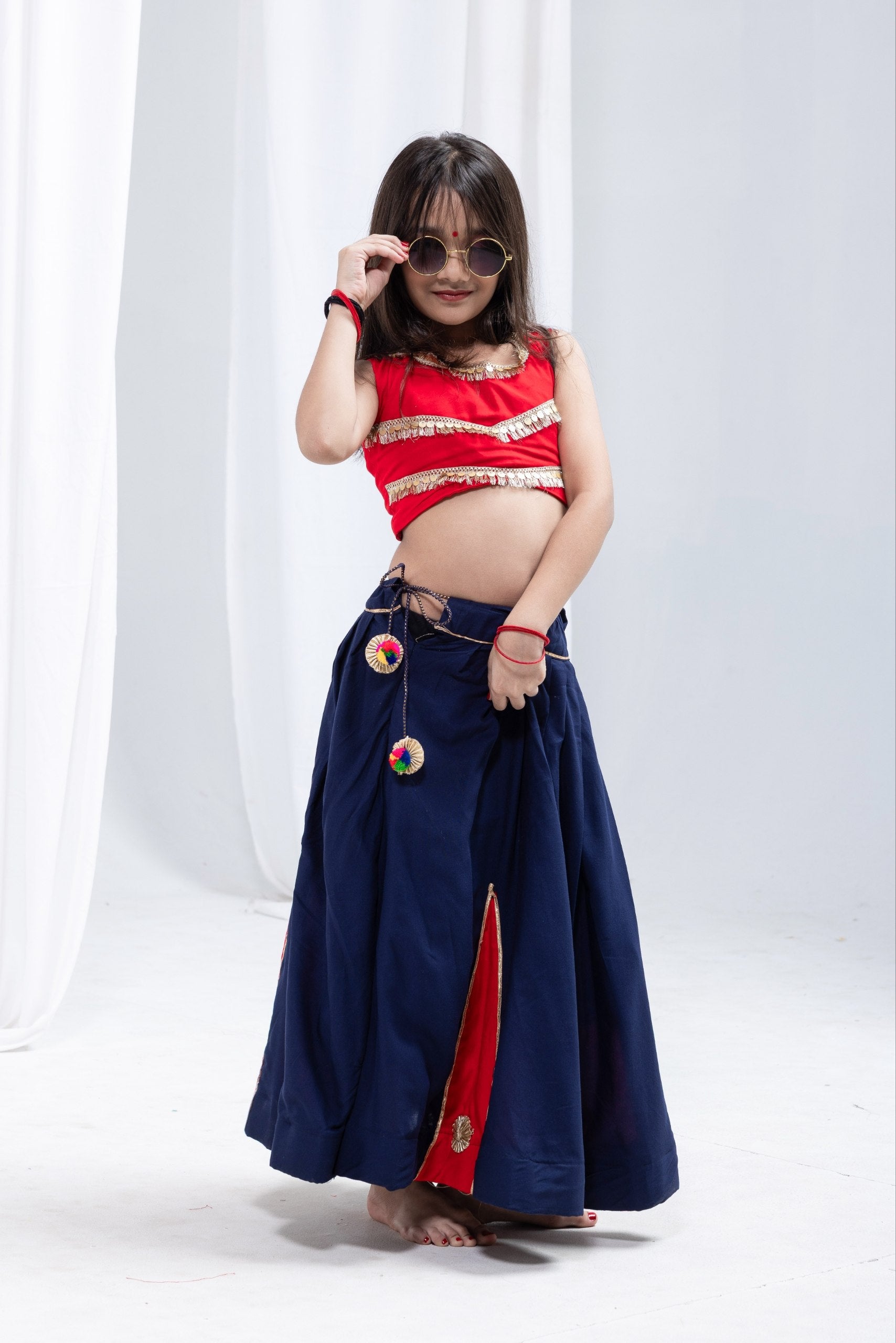 Ridhima Girls Navy Blue & Red Rayon Cotton Lehenga Choli with Gota Patti & Sequins Lace Work