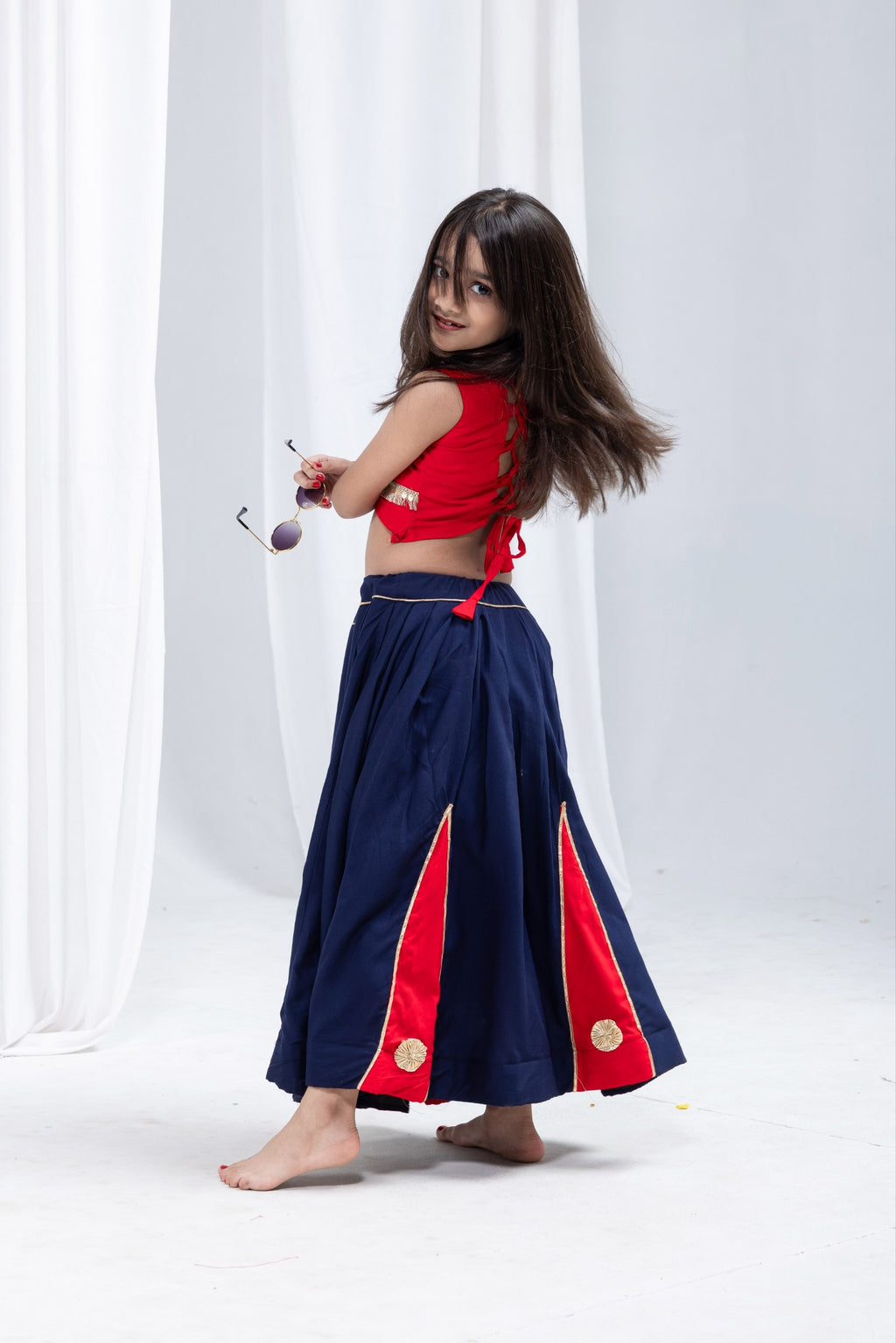 Ridhima Girls Navy Blue & Red Rayon Cotton Lehenga Choli with Gota Patti & Sequins Lace Work