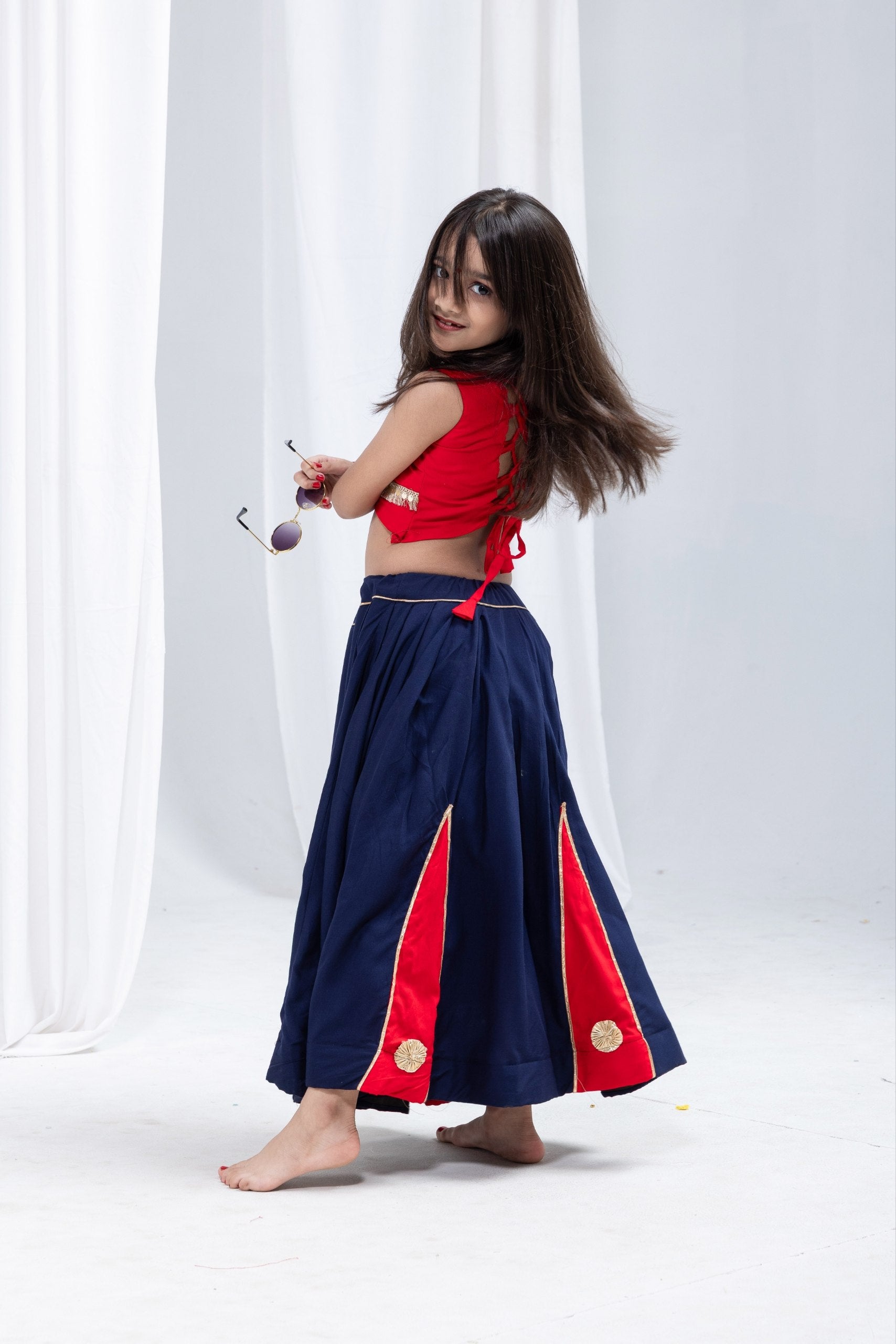 Ridhima Girls Navy Blue & Red Rayon Cotton Lehenga Choli with Gota Patti & Sequins Lace Work