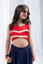 Ridhima Girls Navy Blue & Red Rayon Cotton Lehenga Choli with Gota Patti & Sequins Lace Work