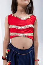 Ridhima Girls Navy Blue & Red Rayon Cotton Lehenga Choli with Gota Patti & Sequins Lace Work
