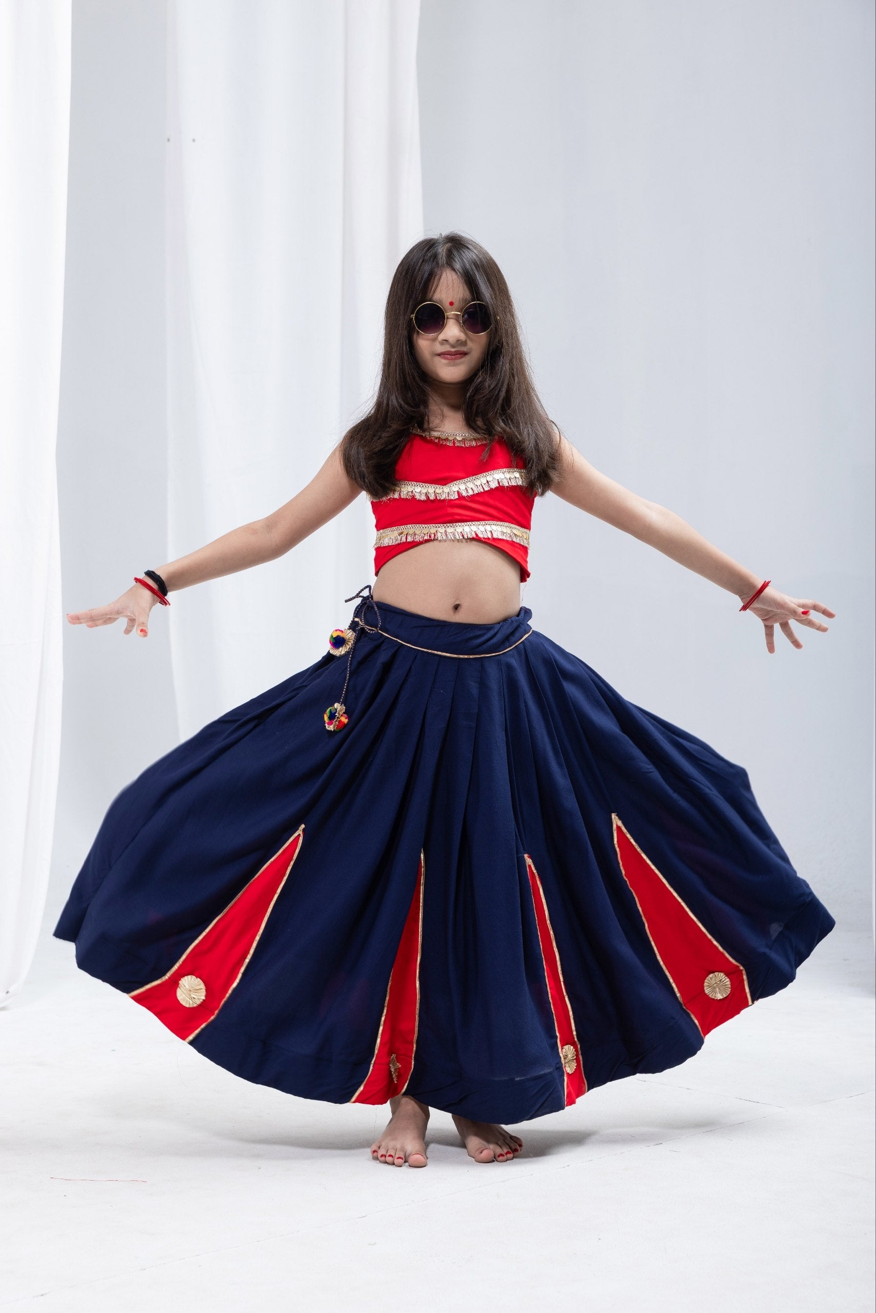 Ridhima Girls Navy Blue & Red Rayon Cotton Lehenga Choli with Gota Patti & Sequins Lace Work