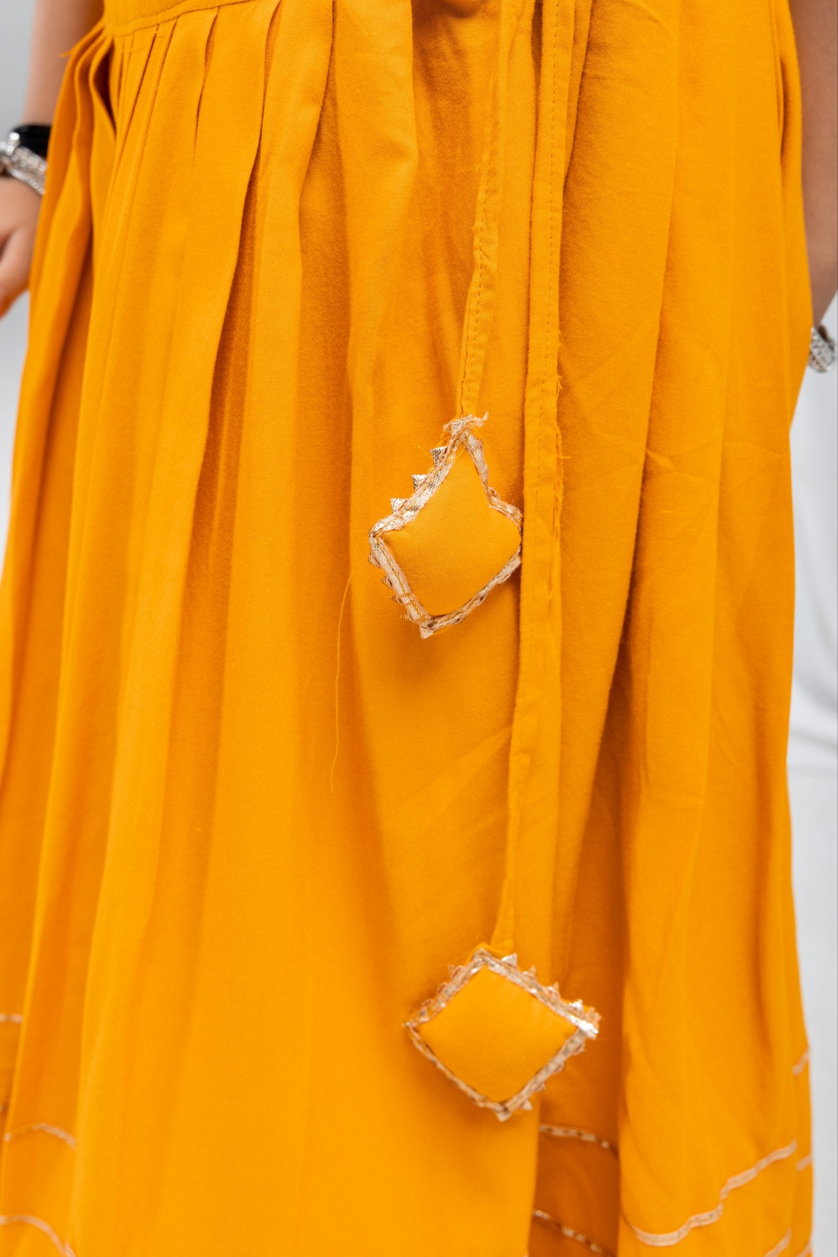 Aaradhya Mustard Rayon Cotton Mirror Work Lehenga Choli | Gamthi, Gota Patti & Samosa Lace | Kids Ethnic Wear