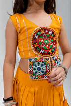 Aaradhya Mustard Rayon Cotton Mirror Work Lehenga Choli | Gamthi, Gota Patti & Samosa Lace | Kids Ethnic Wear