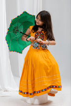 Aaradhya Mustard Rayon Cotton Mirror Work Lehenga Choli | Gamthi, Gota Patti & Samosa Lace | Kids Ethnic Wear