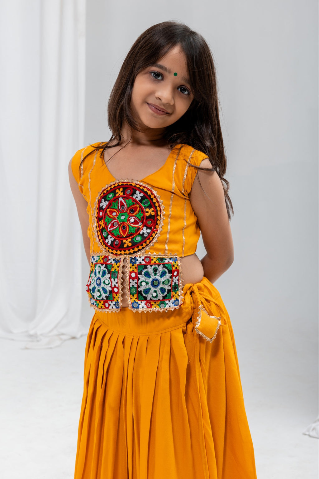 Aaradhya Mustard Rayon Cotton Mirror Work Lehenga Choli | Gamthi, Gota Patti & Samosa Lace | Kids Ethnic Wear