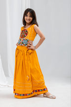 Aaradhya Mustard Rayon Cotton Mirror Work Lehenga Choli | Gamthi, Gota Patti & Samosa Lace | Kids Ethnic Wear
