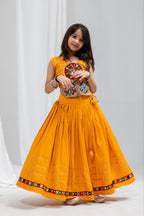 Aaradhya Mustard Rayon Cotton Mirror Work Lehenga Choli | Gamthi, Gota Patti & Samosa Lace | Kids Ethnic Wear