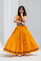 Aaradhya Mustard Rayon Cotton Mirror Work Lehenga Choli | Gamthi, Gota Patti & Samosa Lace | Kids Ethnic Wear