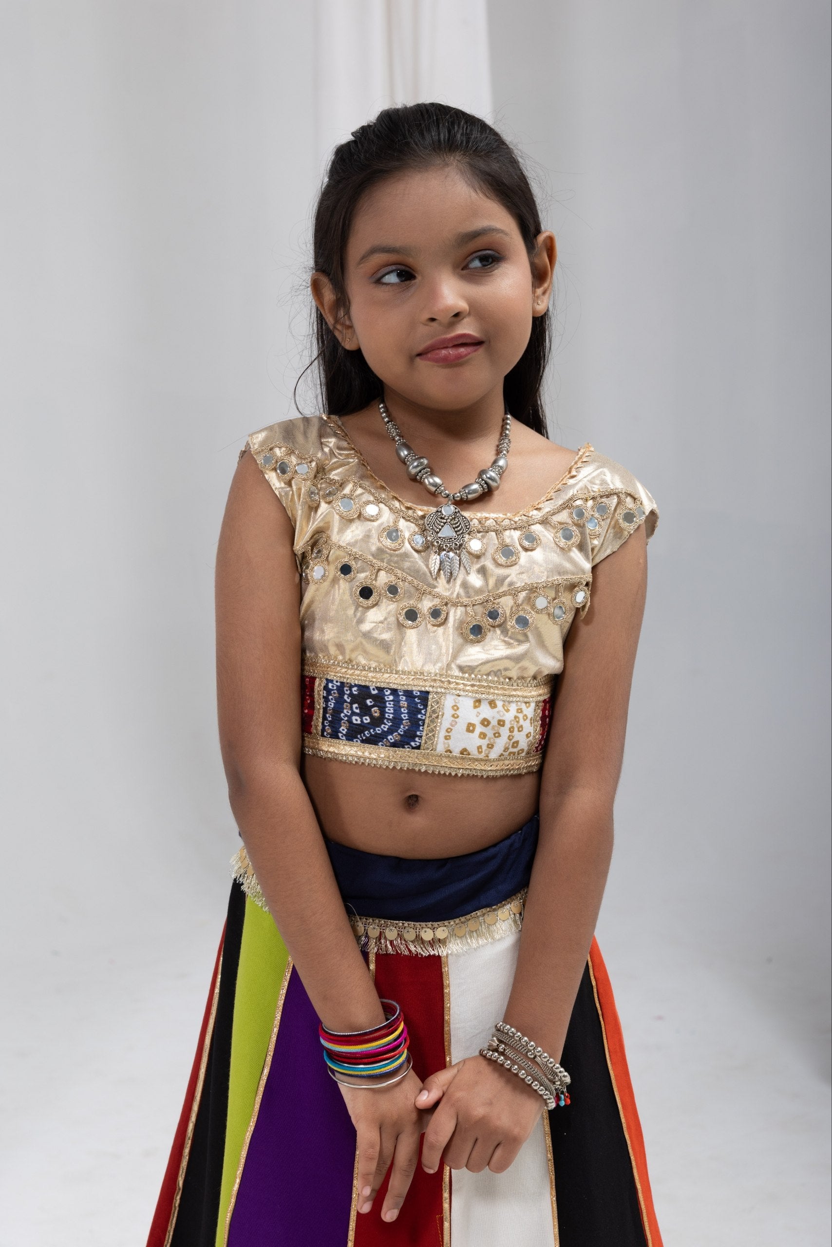 Anvika Multicolour Rayon Cotton Lehenga Choli | Bandhej, Mirror & Sequins Lace Work | Kids Festive Wear