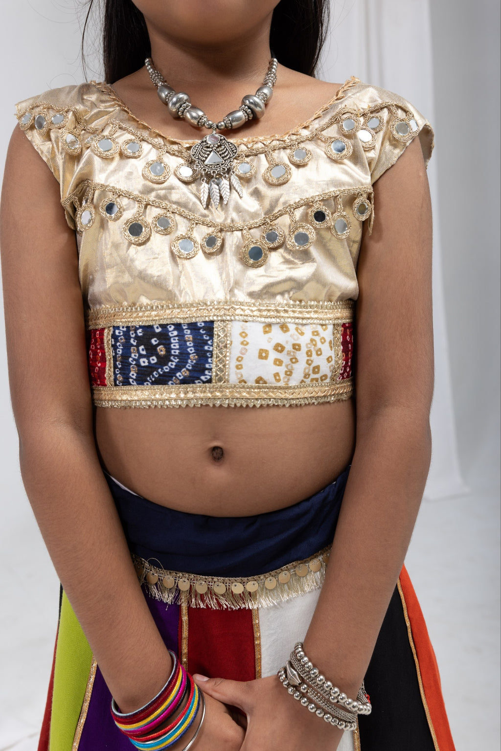 Anvika Multicolour Rayon Cotton Lehenga Choli | Bandhej, Mirror & Sequins Lace Work | Kids Festive Wear