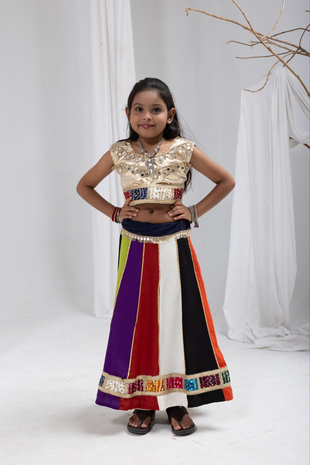Anvika Multicolour Rayon Cotton Lehenga Choli | Bandhej, Mirror & Sequins Lace Work | Kids Festive Wear