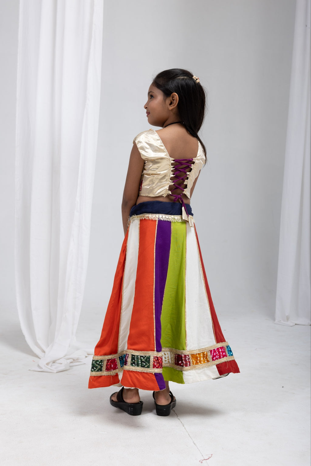 Anvika Multicolour Rayon Cotton Lehenga Choli | Bandhej, Mirror & Sequins Lace Work | Kids Festive Wear