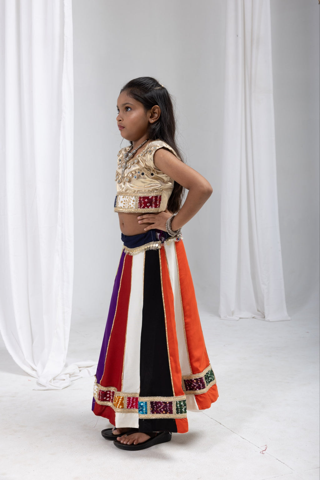 Anvika Multicolour Rayon Cotton Lehenga Choli | Bandhej, Mirror & Sequins Lace Work | Kids Festive Wear