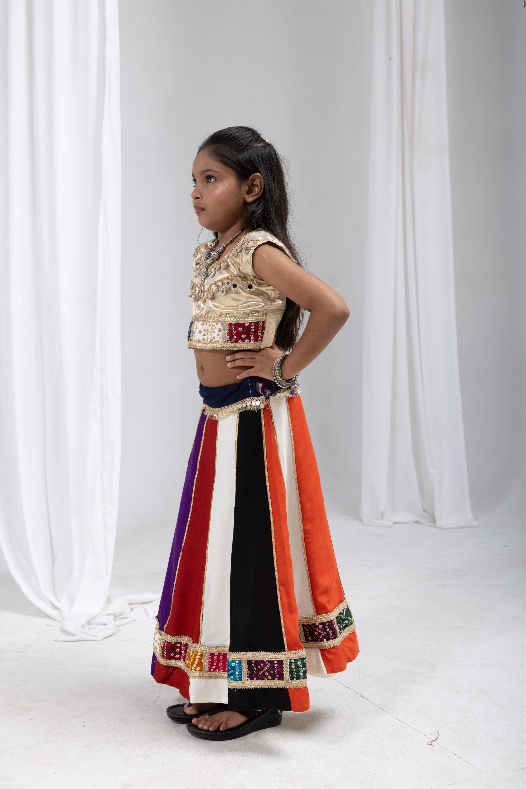 Anvika Multicolour Rayon Cotton Lehenga Choli | Bandhej, Mirror & Sequins Lace Work | Kids Festive Wear
