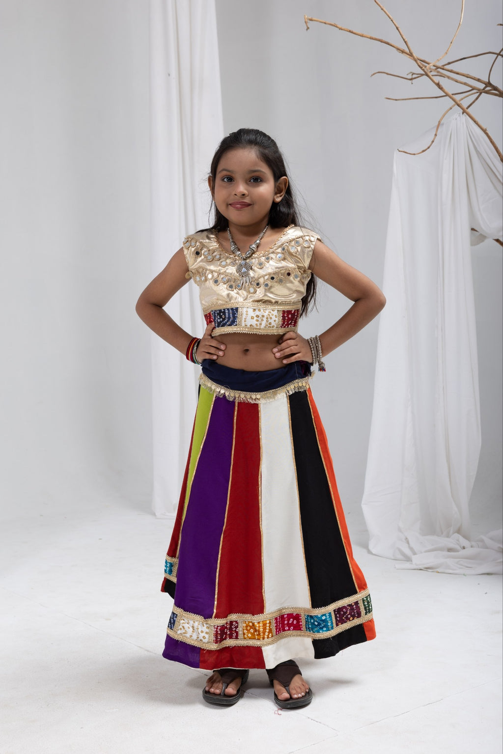 Anvika Multicolour Rayon Cotton Lehenga Choli | Bandhej, Mirror & Sequins Lace Work | Kids Festive Wear