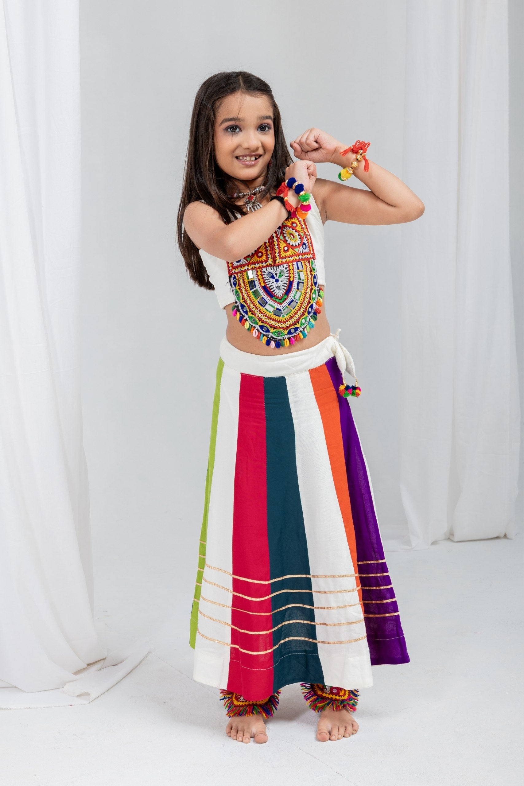 Iraya Multicolour Rayon Cotton Gota Patti Lehenga Choli | Gamthi Patch & Takiya Latkan Work | Kids Festive Wear