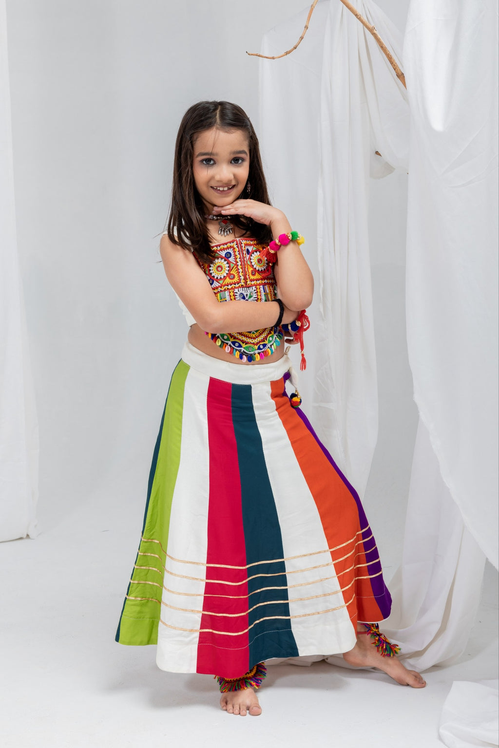 Iraya Multicolour Rayon Cotton Gota Patti Lehenga Choli | Gamthi Patch & Takiya Latkan Work | Kids Festive Wear