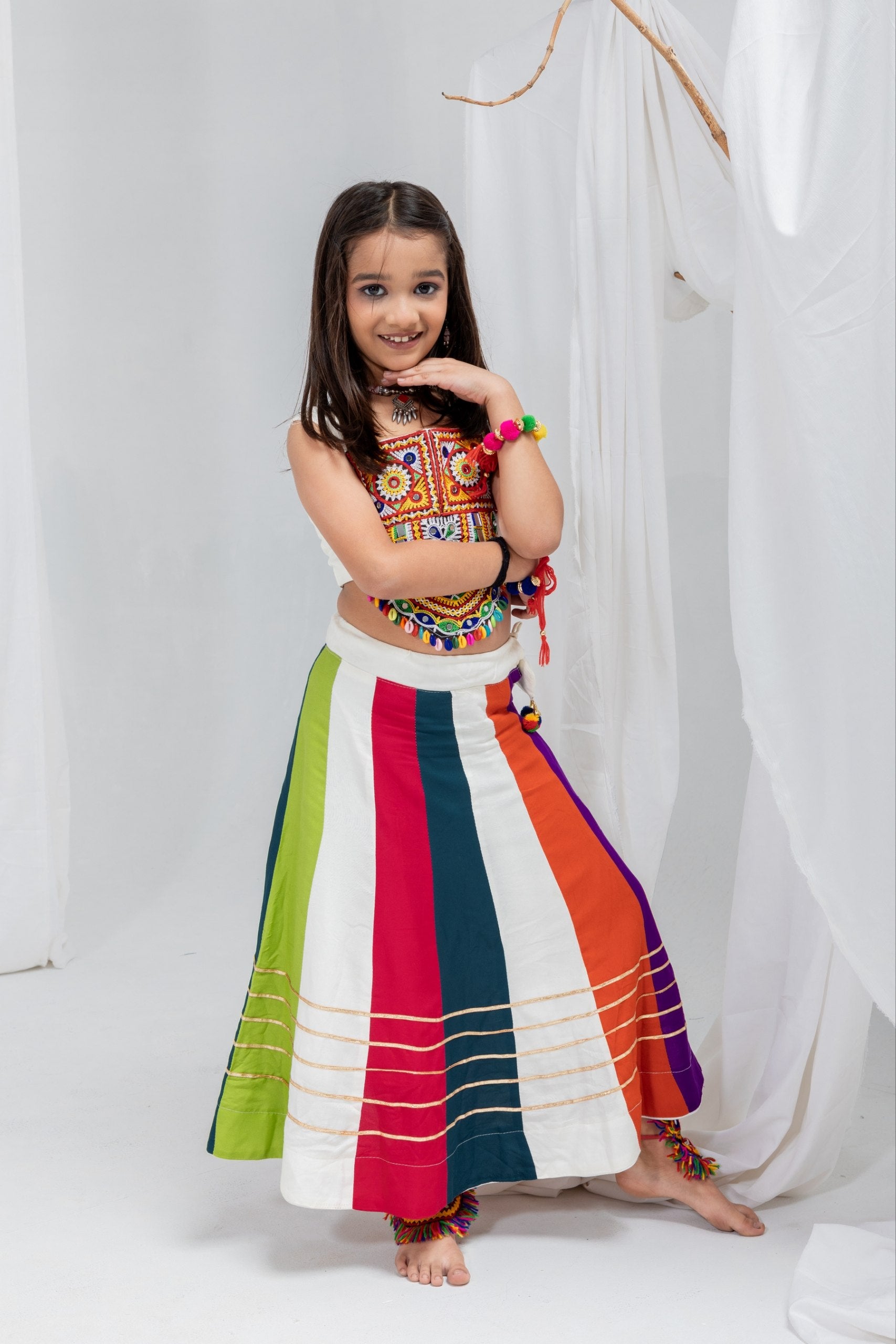 Iraya Multicolour Rayon Cotton Gota Patti Lehenga Choli | Gamthi Patch & Takiya Latkan Work | Kids Festive Wear