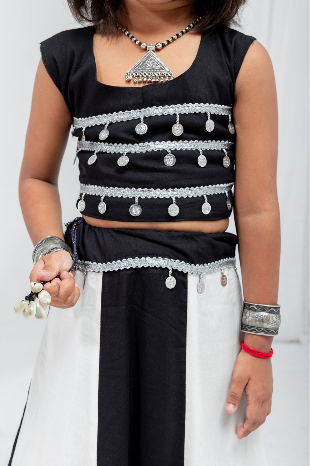Avyara Black & White Rayon Cotton Lehenga Choli for Kids | Silver Sikka Lace & Kodi Latkan Work