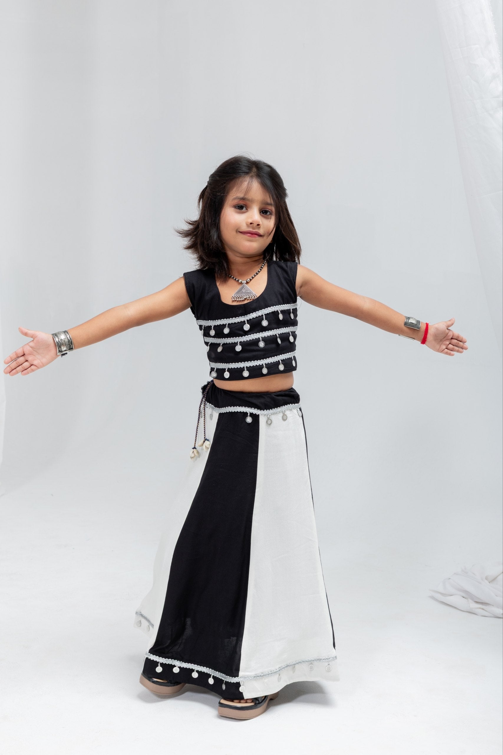 Avyara Black & White Rayon Cotton Lehenga Choli for Kids | Silver Sikka Lace & Kodi Latkan Work