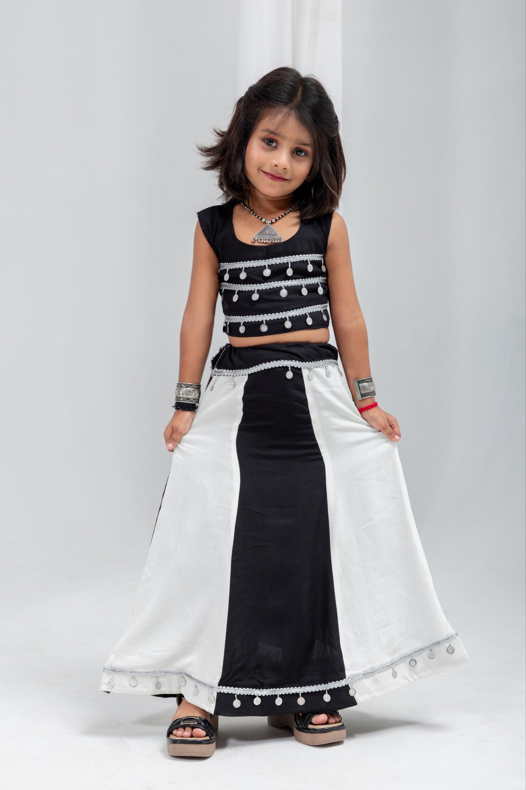 Avyara Black & White Rayon Cotton Lehenga Choli for Kids | Silver Sikka Lace & Kodi Latkan Work