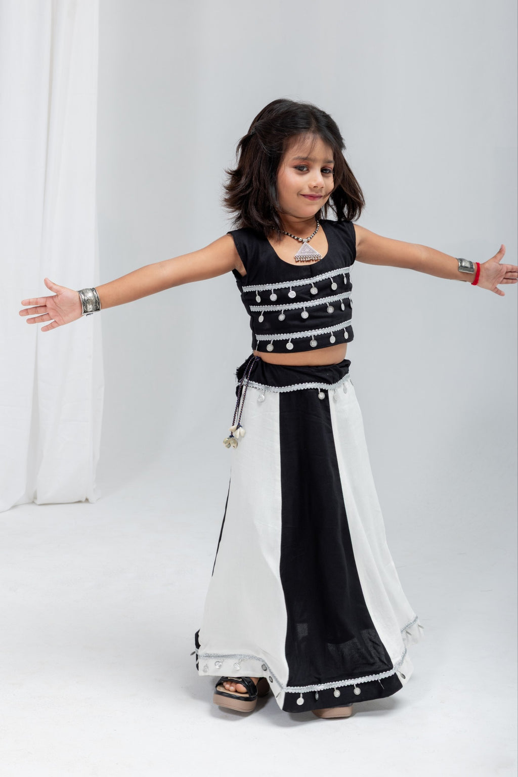Avyara Black & White Rayon Cotton Lehenga Choli for Kids | Silver Sikka Lace & Kodi Latkan Work