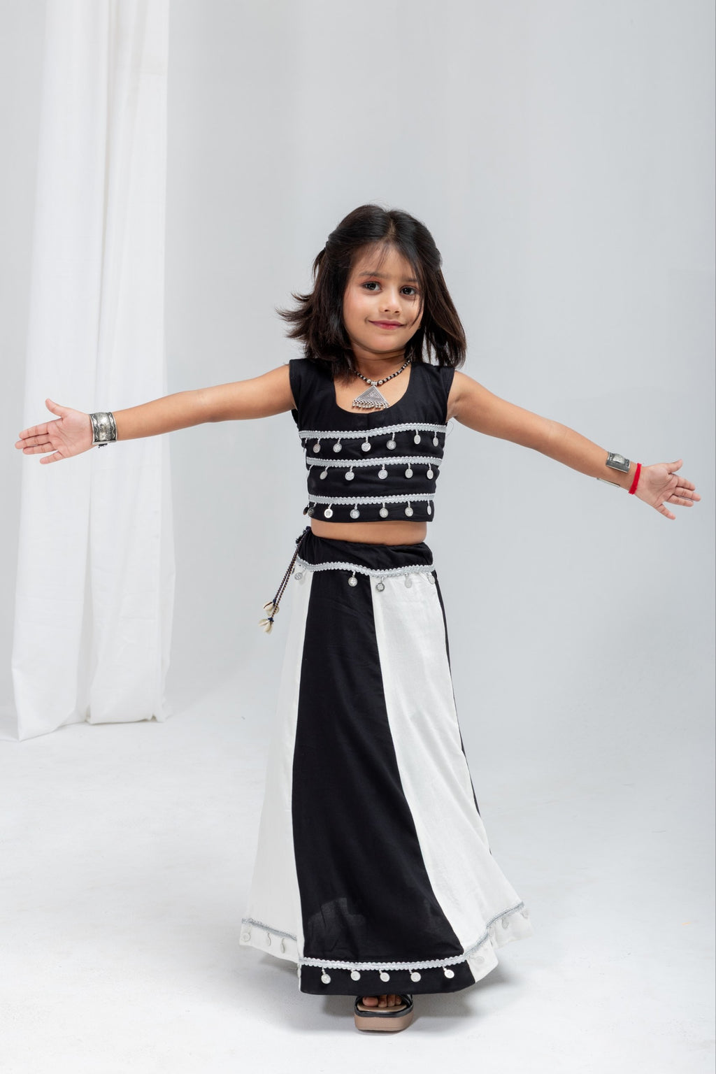Avyara Black & White Rayon Cotton Lehenga Choli for Kids | Silver Sikka Lace & Kodi Latkan Work