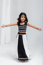 Avyara Black & White Rayon Cotton Lehenga Choli for Kids | Silver Sikka Lace & Kodi Latkan Work