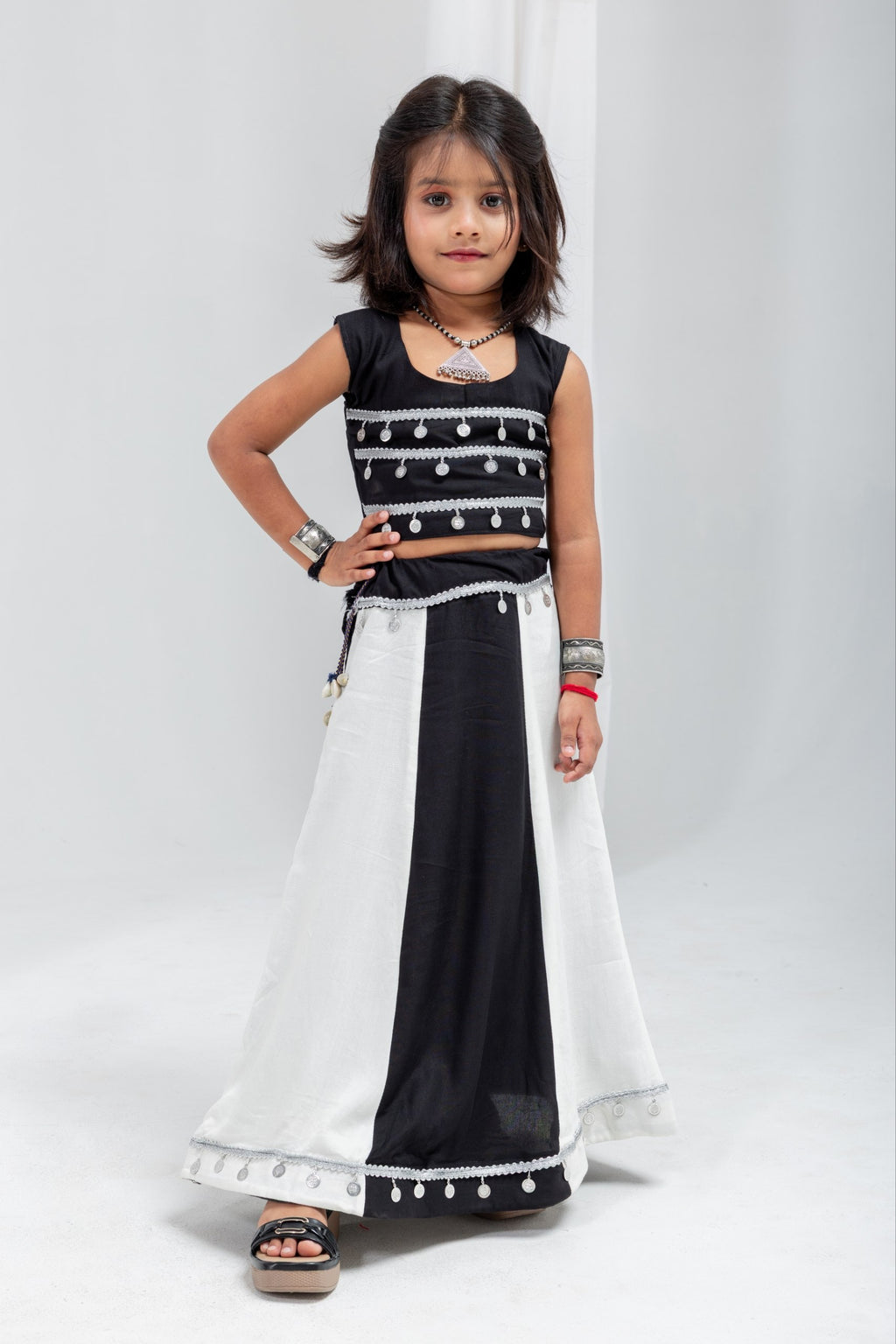 Avyara Black & White Rayon Cotton Lehenga Choli for Kids | Silver Sikka Lace & Kodi Latkan Work