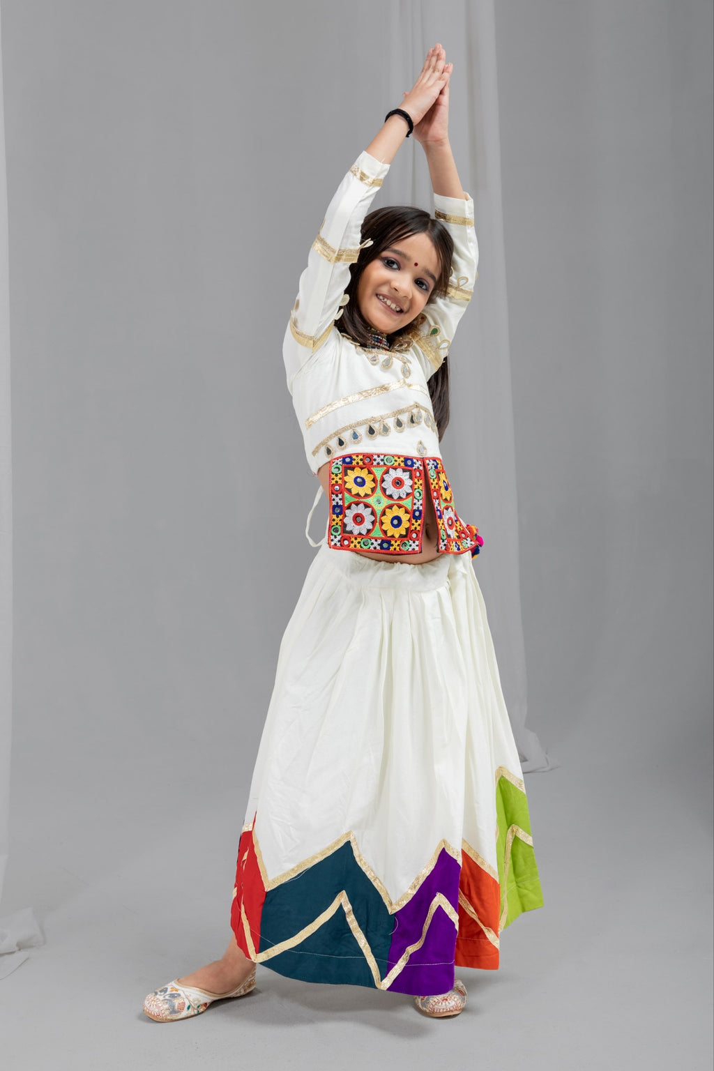 Nirvi Off-White Rayon Cotton Gota Patti Lehenga Choli | Real Mirror, Gamthi & Latkan Work | Navratri Special