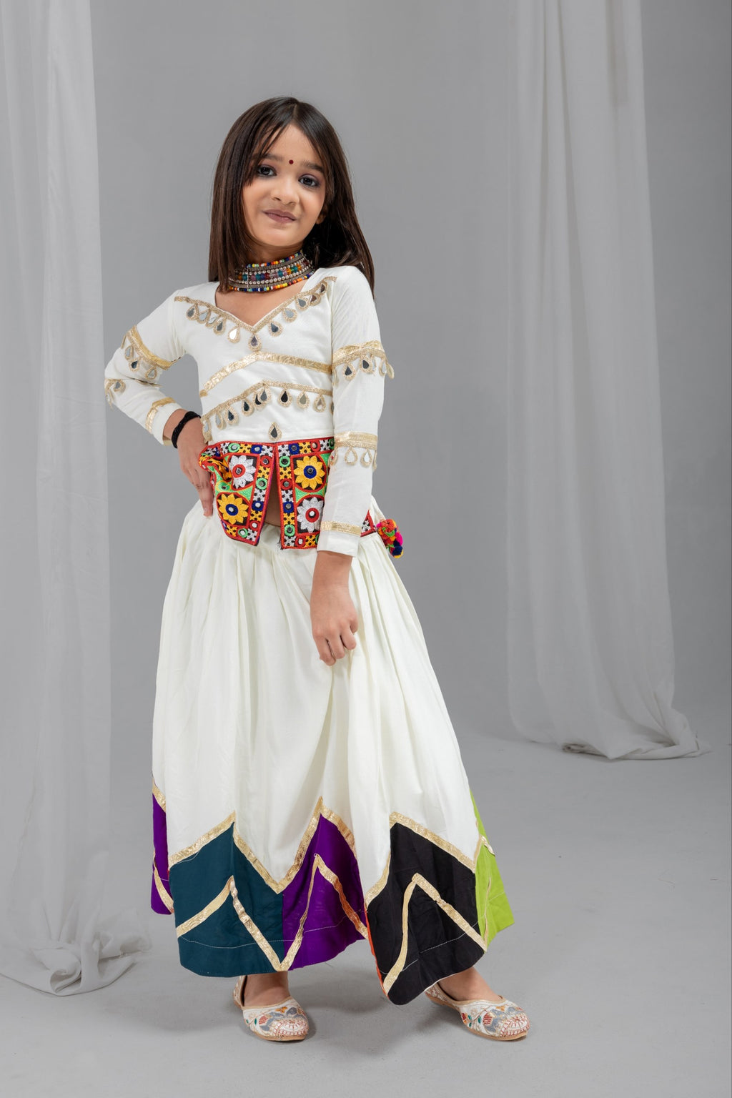 Nirvi Off-White Rayon Cotton Gota Patti Lehenga Choli | Real Mirror, Gamthi & Latkan Work | Navratri Special