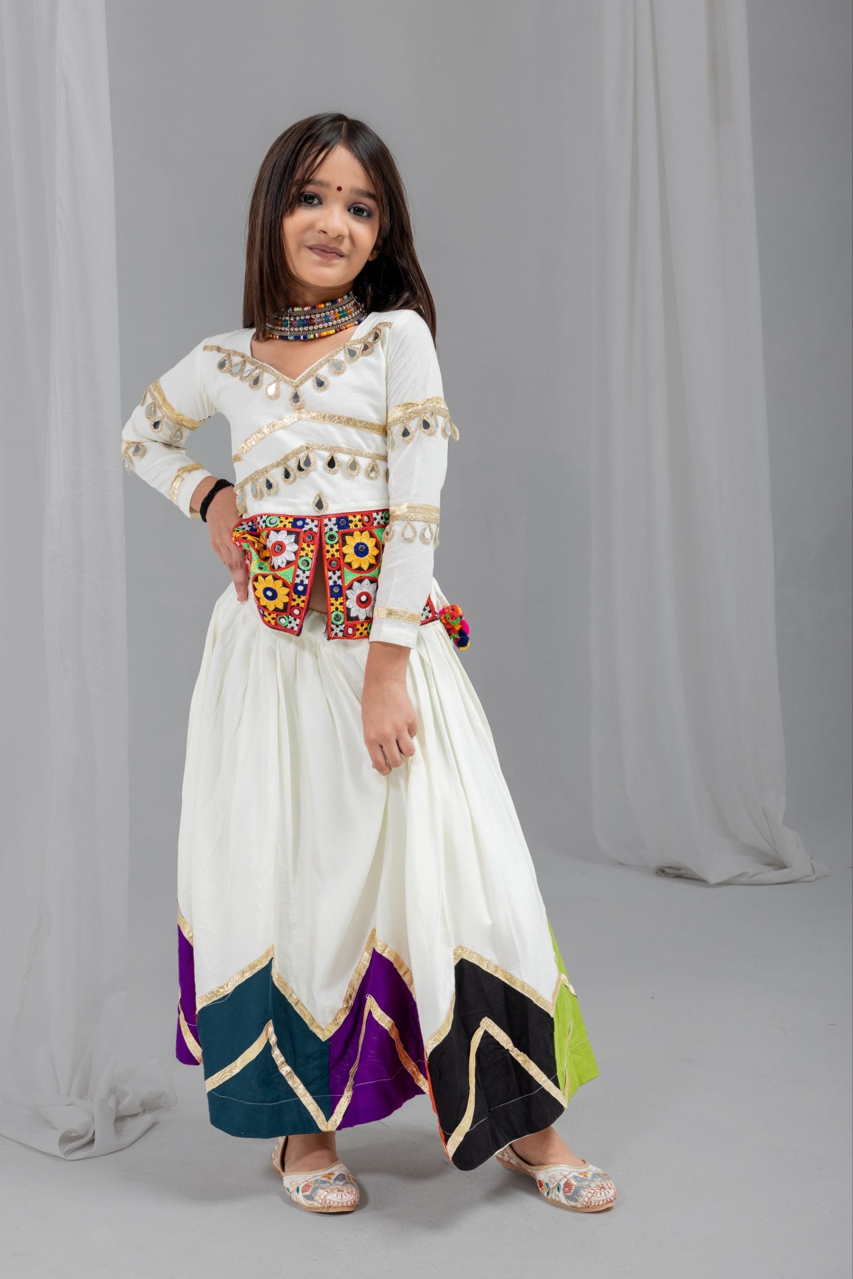Nirvi Off-White Rayon Cotton Gota Patti Lehenga Choli | Real Mirror, Gamthi & Latkan Work | Navratri Special