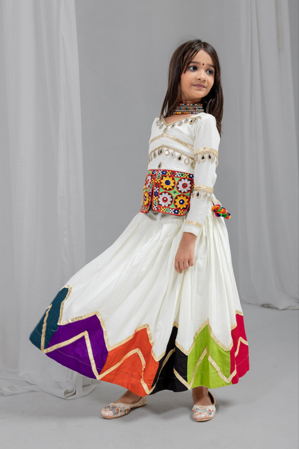 Nirvi Off-White Rayon Cotton Gota Patti Lehenga Choli | Real Mirror, Gamthi & Latkan Work | Navratri Special