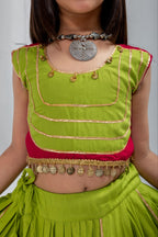 Eva Parrot & Cherry Rayon Cotton Lehenga Choli | Gota Patti, Sikka & Ghungroo Handwork