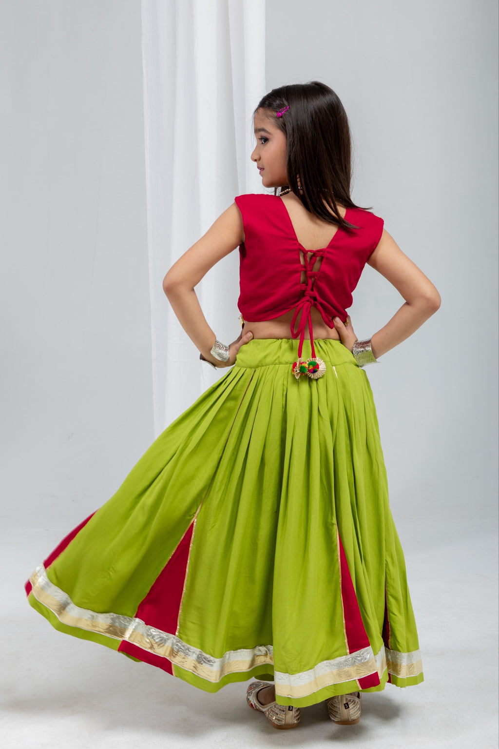 Eva Parrot & Cherry Rayon Cotton Lehenga Choli | Gota Patti, Sikka & Ghungroo Handwork