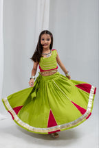 Eva Parrot & Cherry Rayon Cotton Lehenga Choli | Gota Patti, Sikka & Ghungroo Handwork