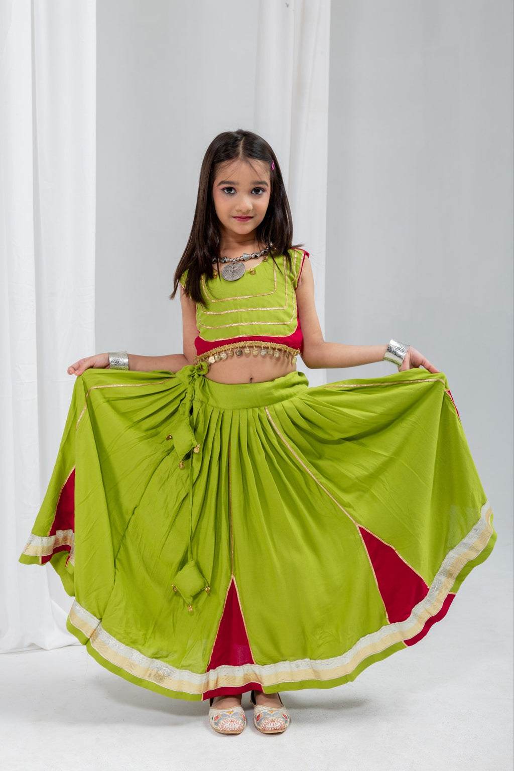 Eva Parrot & Cherry Rayon Cotton Lehenga Choli | Gota Patti, Sikka & Ghungroo Handwork