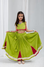 Eva Parrot & Cherry Rayon Cotton Lehenga Choli | Gota Patti, Sikka & Ghungroo Handwork