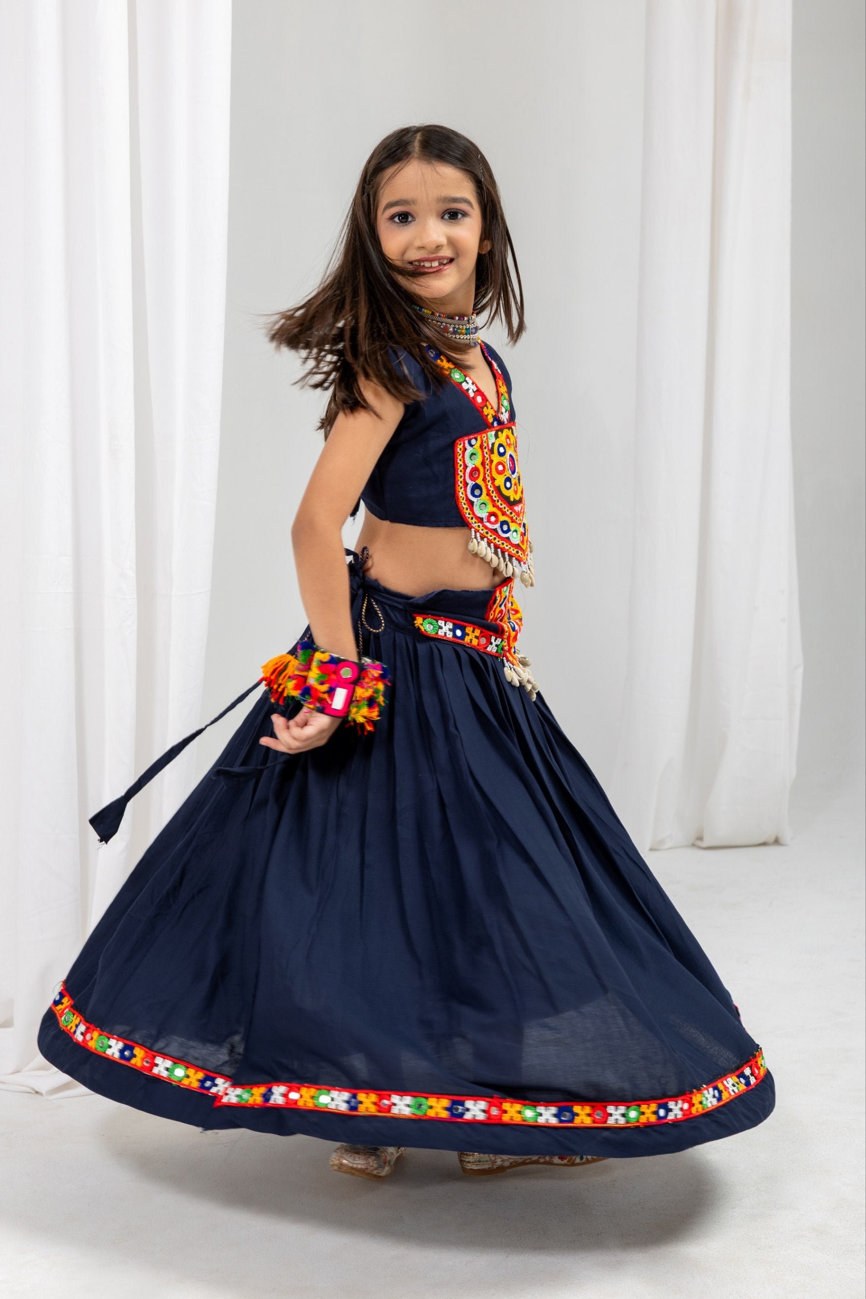 Mayuri Navy Blue Rayon Cotton Lehenga Choli with Kamar Belt | Real Kodi & Katchi Patch Handwork