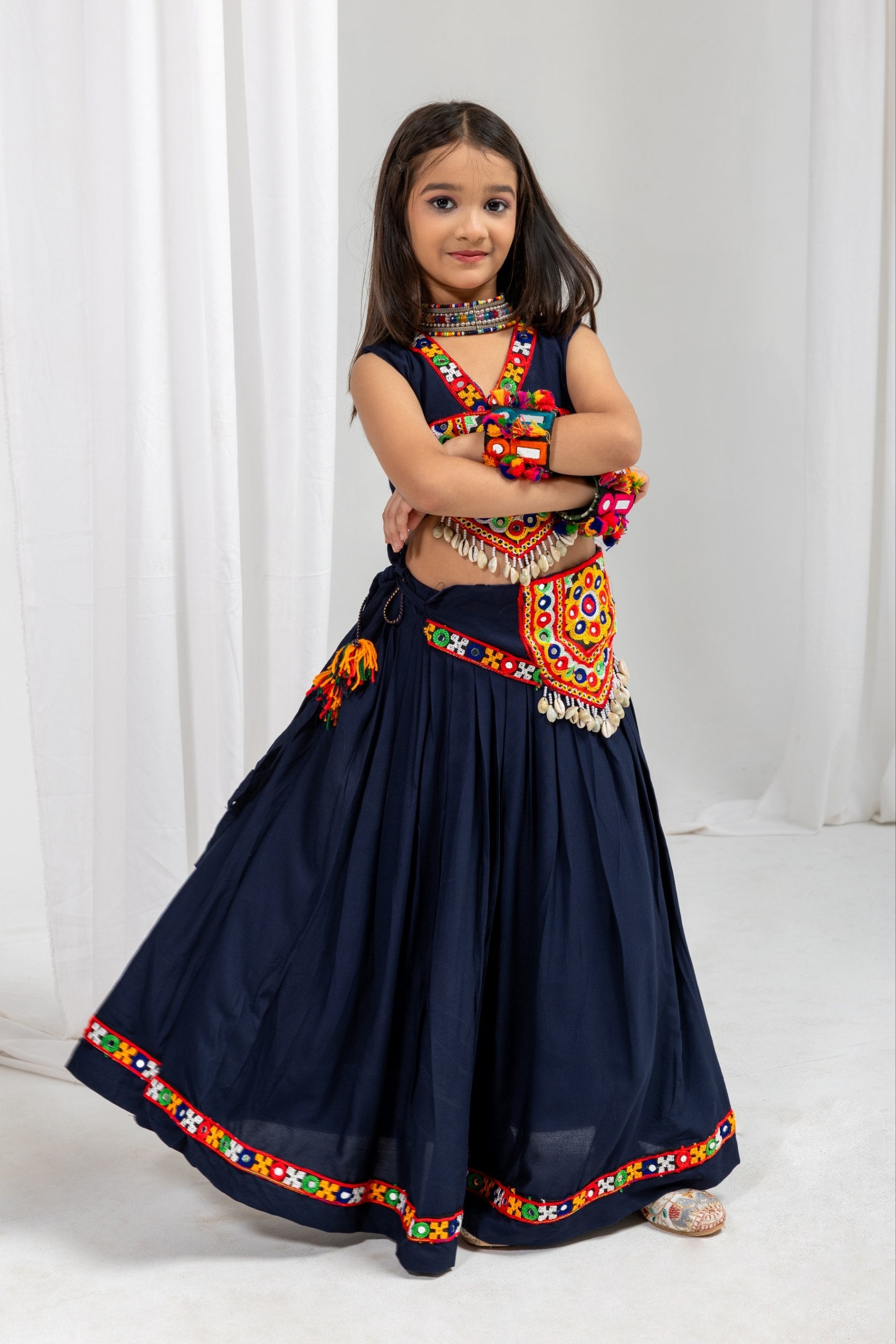 Mayuri Navy Blue Rayon Cotton Lehenga Choli with Kamar Belt | Real Kodi & Katchi Patch Handwork