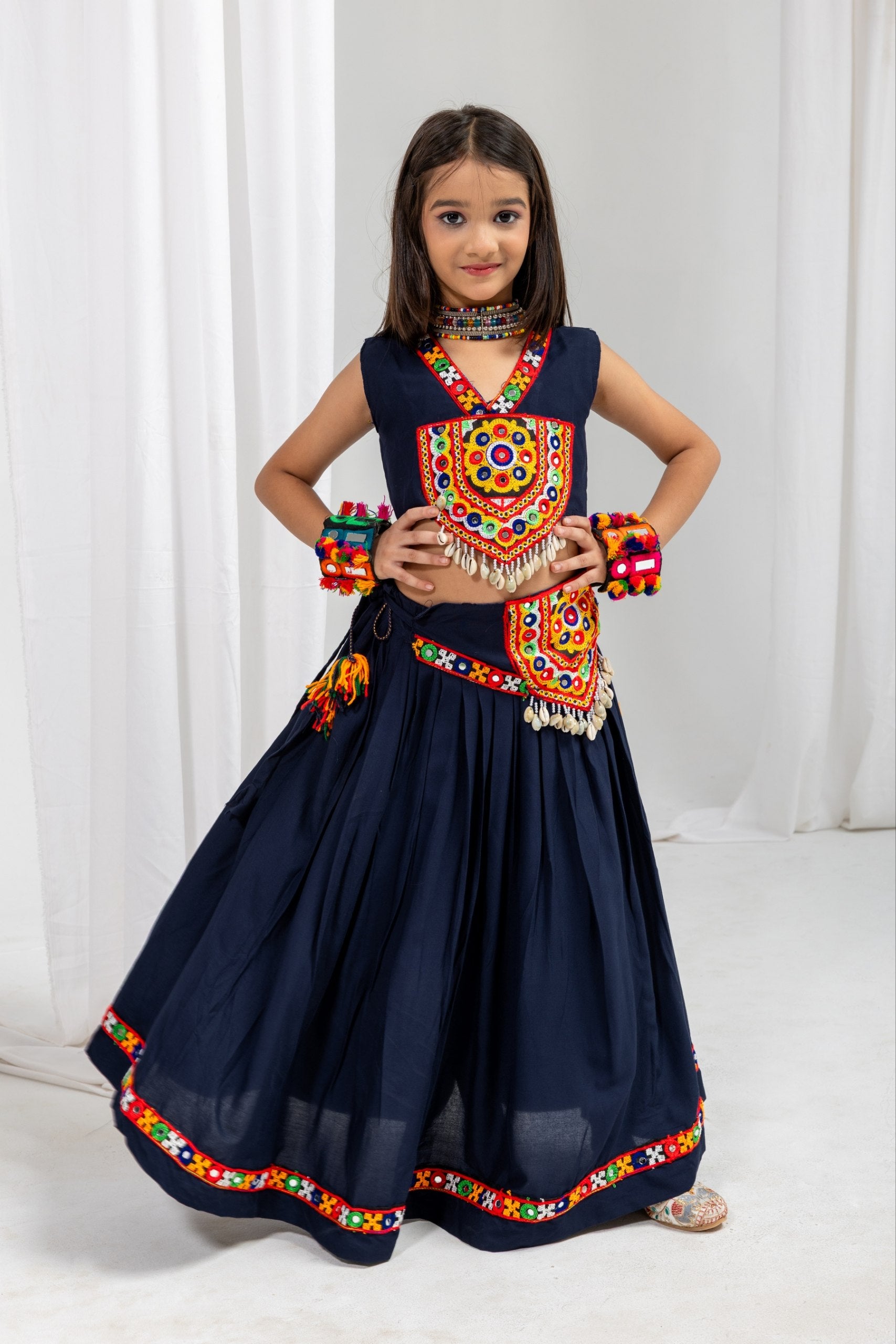Mayuri Navy Blue Rayon Cotton Lehenga Choli with Kamar Belt | Real Kodi & Katchi Patch Handwork