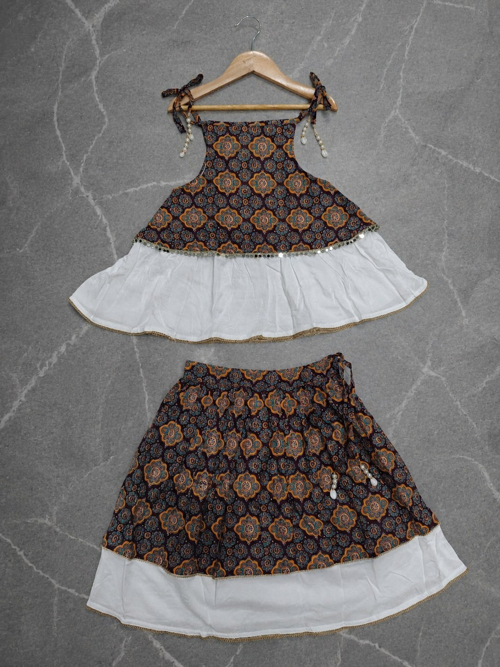 Aarvisha Floral Cotton Printed Lehenga Choli | Peplum Blouse, Mirror Lace & Tassel Details | Garba & Festive Wear