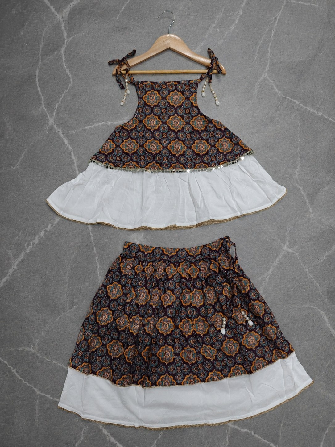Aarvisha Floral Cotton Printed Lehenga Choli | Peplum Blouse, Mirror Lace & Tassel Details | Garba & Festive Wear