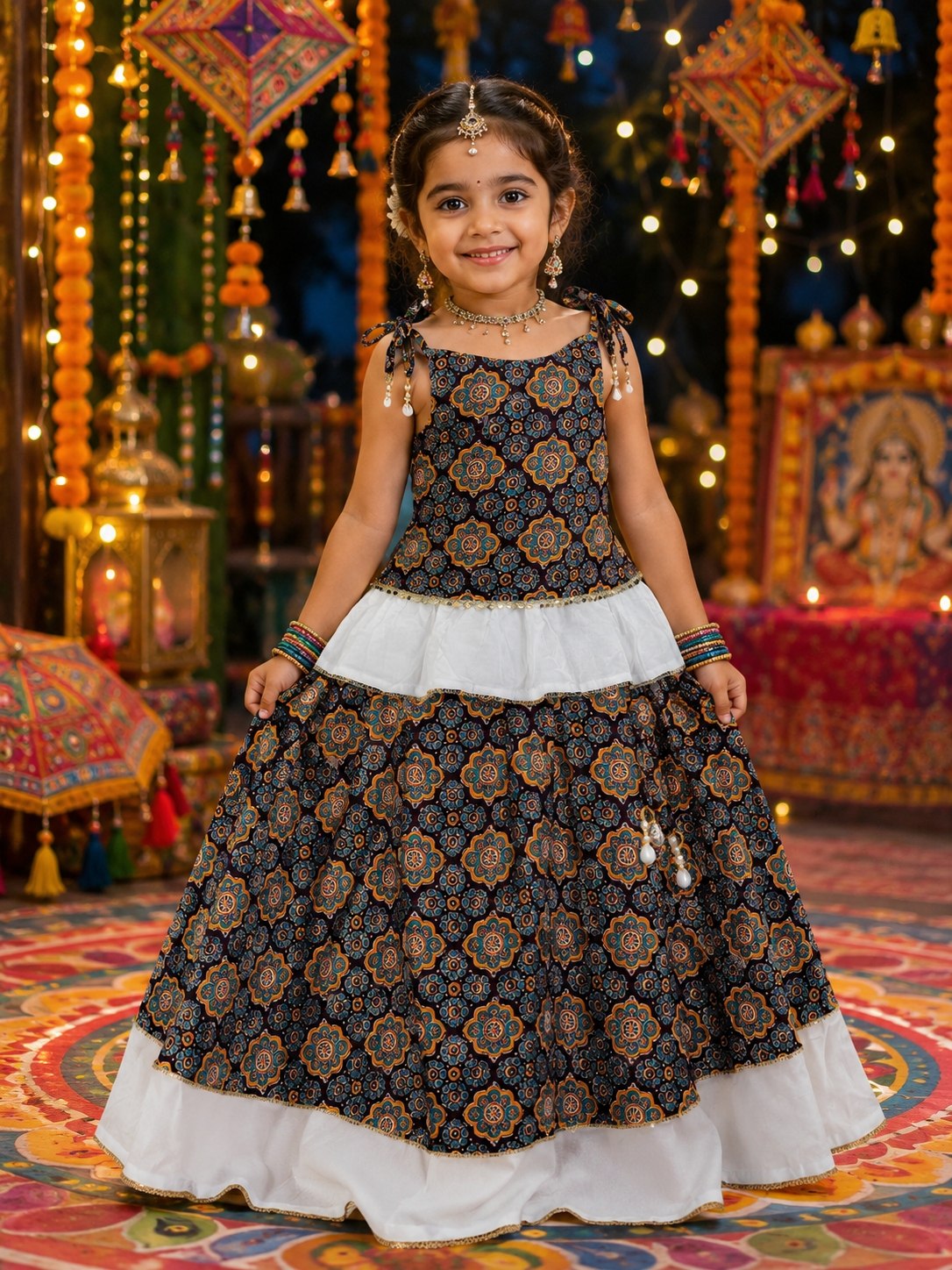 Aarvisha Floral Cotton Printed Lehenga Choli | Peplum Blouse, Mirror Lace & Tassel Details | Garba & Festive Wear